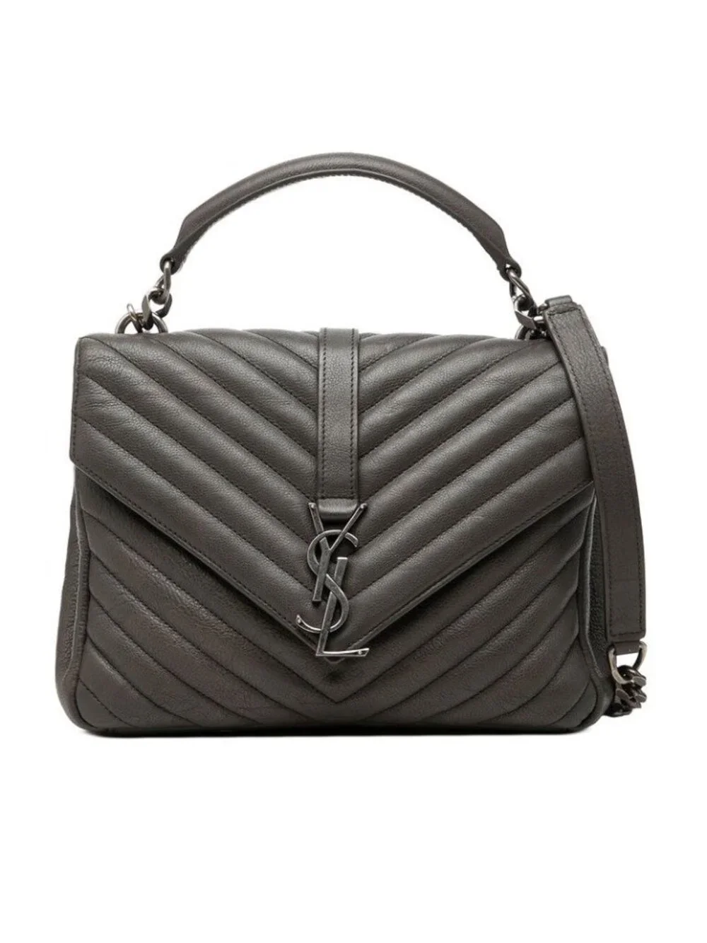Saint Laurent YSL Monogram Carre Quilted 2-Way Shoulder Bag Gray Leather